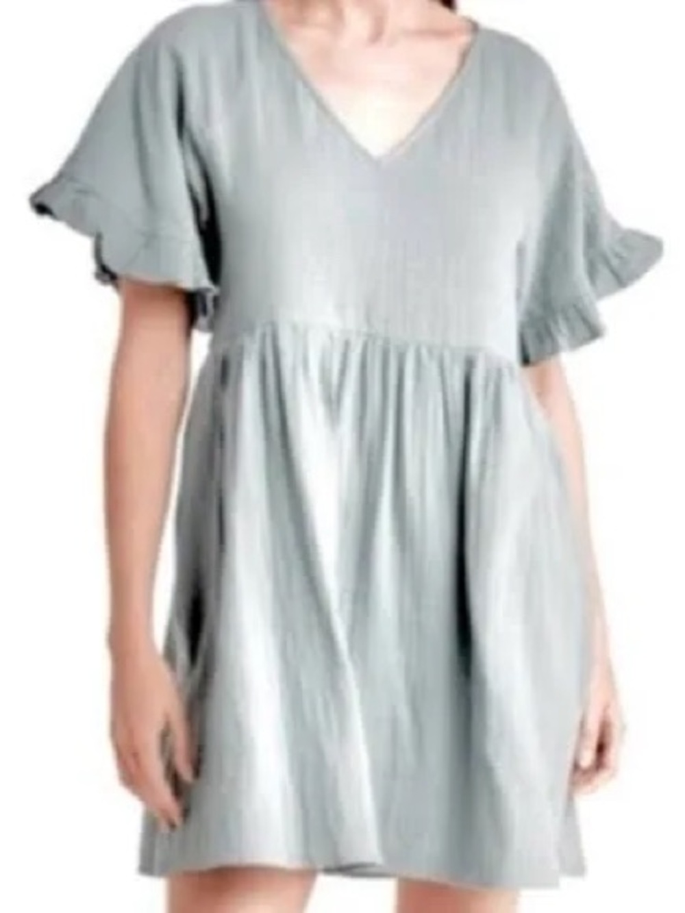Sage V-Neck Ruffle Sleeve Babydoll Dress